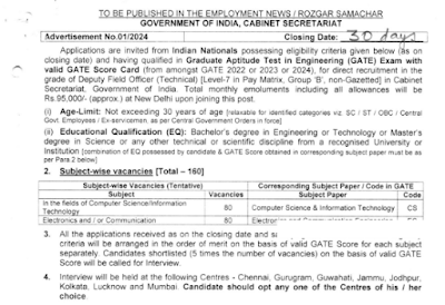 Cabinet Secretariat Recruitment 2024 Notification for 160 Posts The Cabinet Secretariat has released its Cabinet Secretariat Notification 2024 for the Deputy Field Officers (Technical) posts to fill a total of 160 Vacancies. The Application process starts on 21st September 2024 and concludes on 21st October 2024.  The selection process for the Cabinet Secretariat DFO Tech Recruitment 2024 is Based on Gate Score and interview. Interested candidates can send the Application form to the specified address mentioned below. For more details about Cabinet Secretariat Jobs 2024 visit the official website, kadapa.ap.gov.in.  Cabinet Secretariat Recruitment 2024 – Overview: Organization Name	:Cabinet Secretariat.