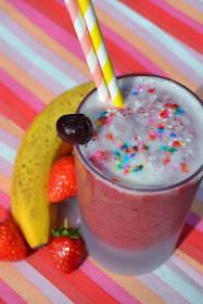 bananas, strawberries, cherries, almond milk, smoothie