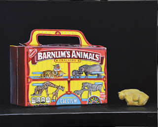 photorealistic painting of a box of animal crackers by kim testone