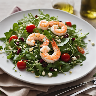 A colorful salad with succulent shrimp, ripe tomatoes, and fresh greens, ideal for a refreshing dining experience.