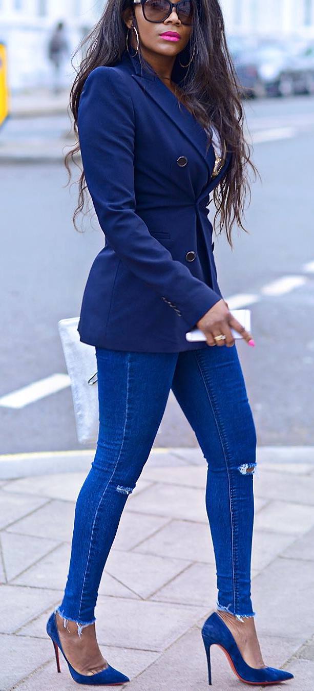 elegant trends / blazer + ripped jeans + heels