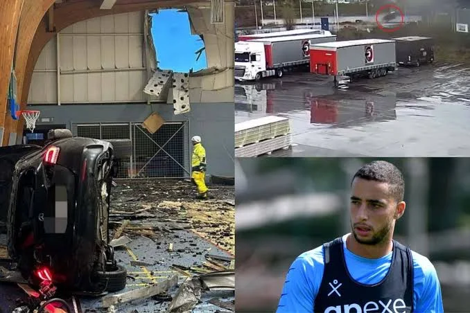 (VIDEO) Footballer hospitalised after going airborne sending car through wall of sports hall in huge crash