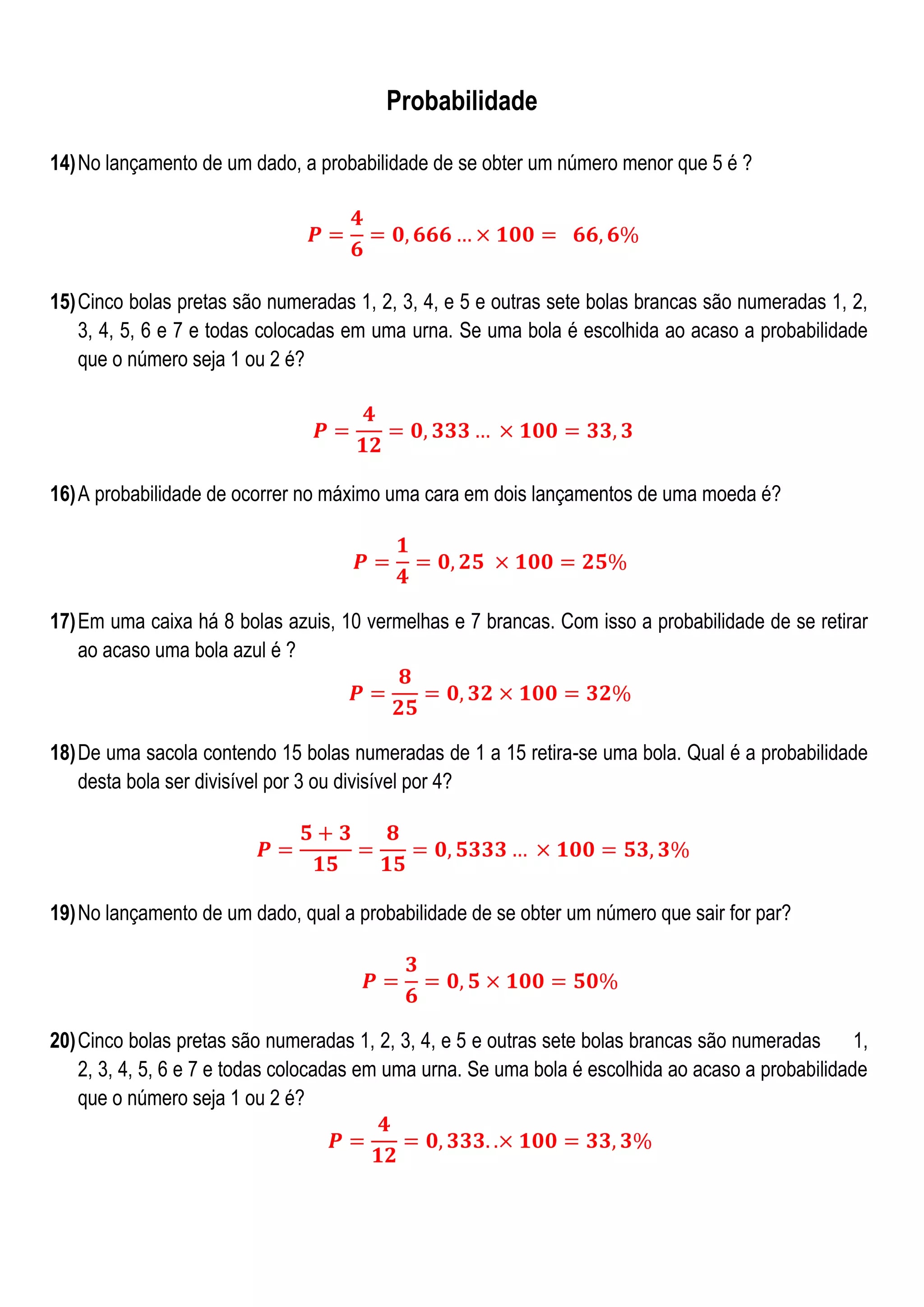 Probabilidade exercícios resolvidos 8 ano