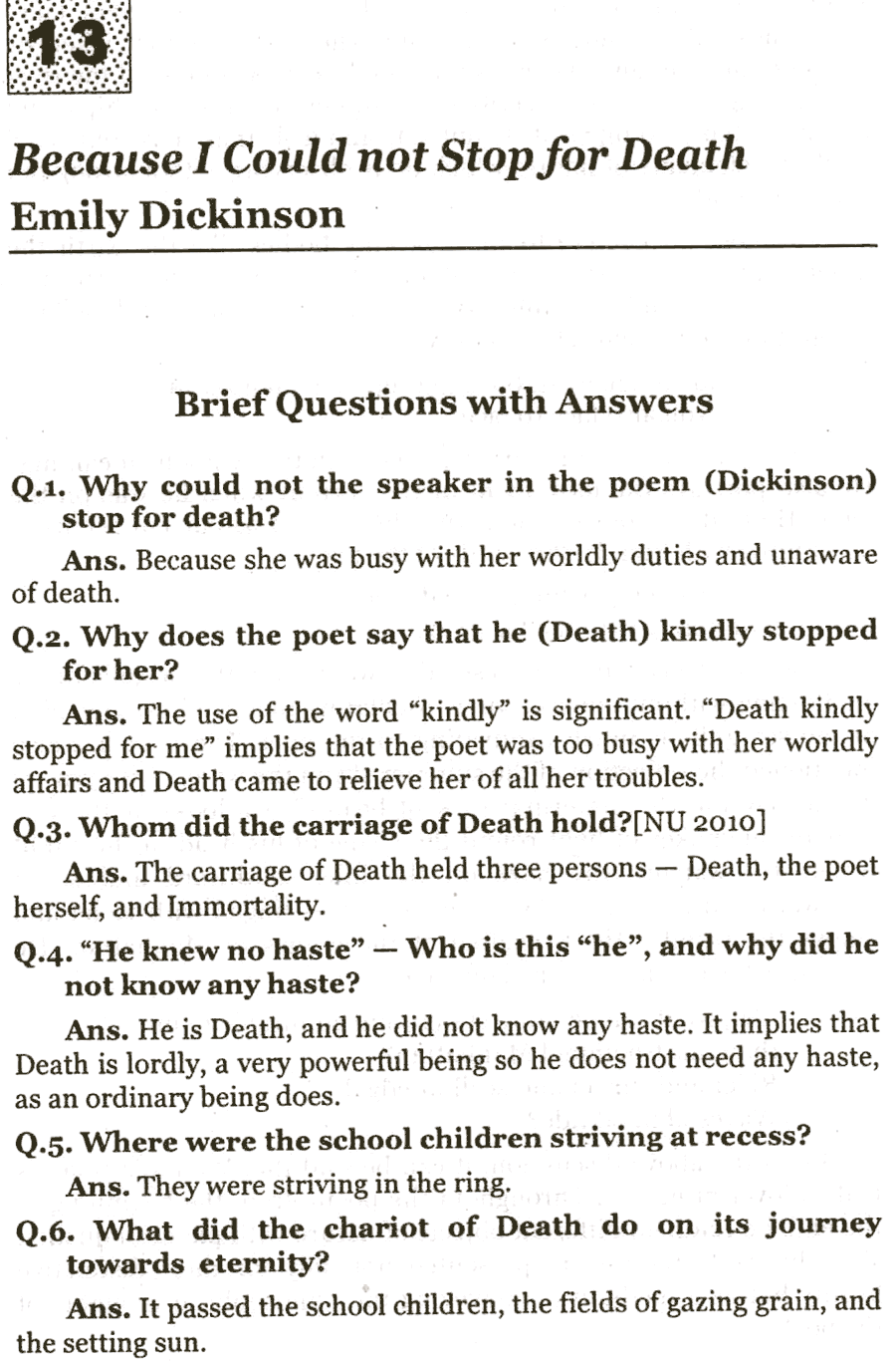 BecauseI Could not Stop for Death – Emily Dickinson - Brief Questions with Answers