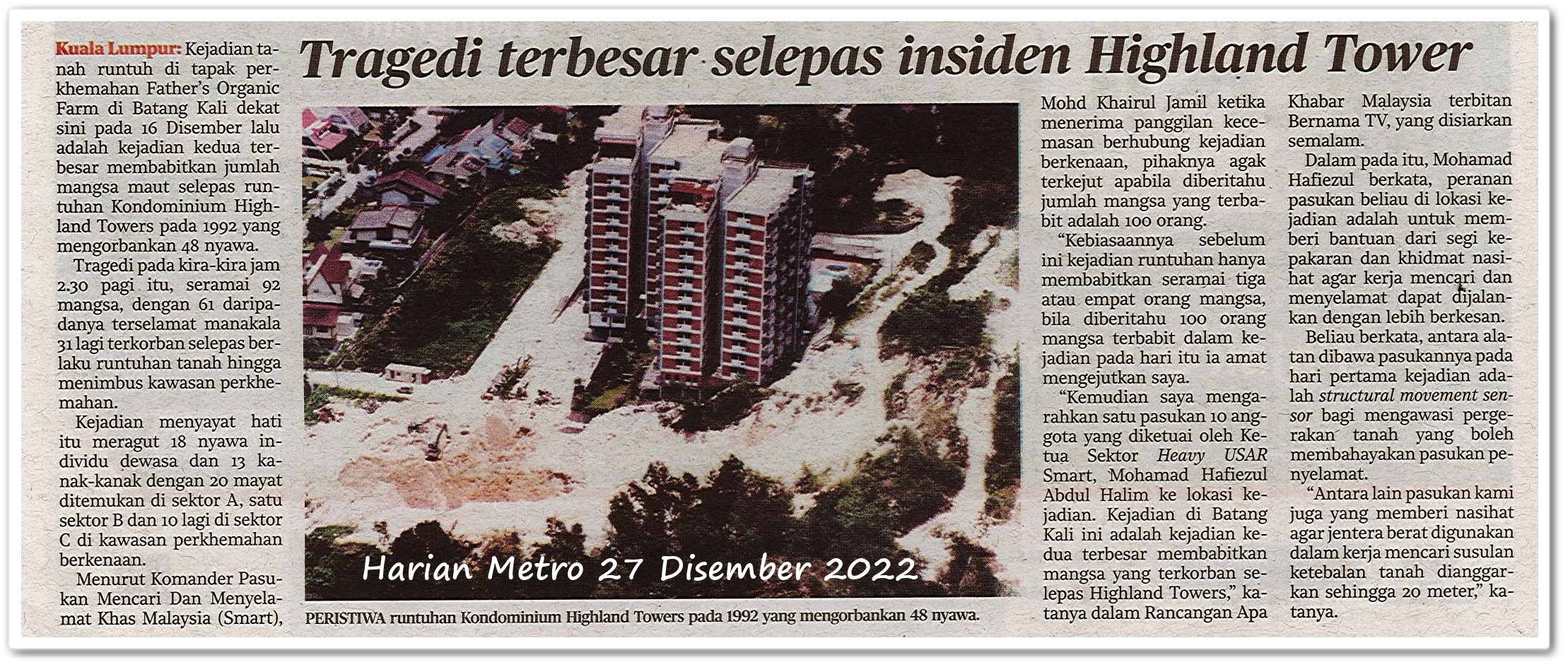 Tragedi terbesar selepas insiden Highland Tower - Keratan akhbar Harian Metro 27 Disember 2022