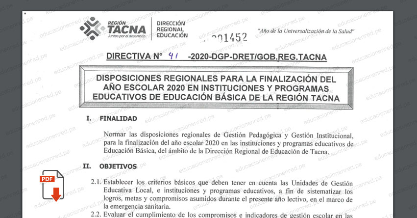 DRE Tacna publicó Directiva Regional para la finalización del Año Escolar 2020 en Instituciones y Programas Educativos de Educación Basica (DIRECTIVA N° 041-2020-DGP-DRET/GOB.REG.TACNA)