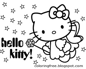 Simple wallpaper background night sky stars flying pretty little angle Hello Kitty cartoon drawing