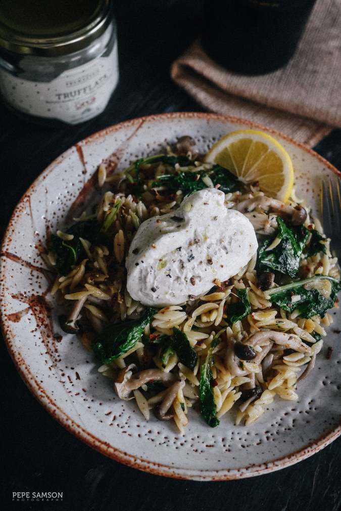 Recipe: Truffled Orzo with Mushrooms, Kale, and Burrata