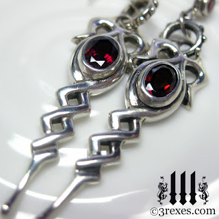 silver Celtic Drop Earrings garnet stones