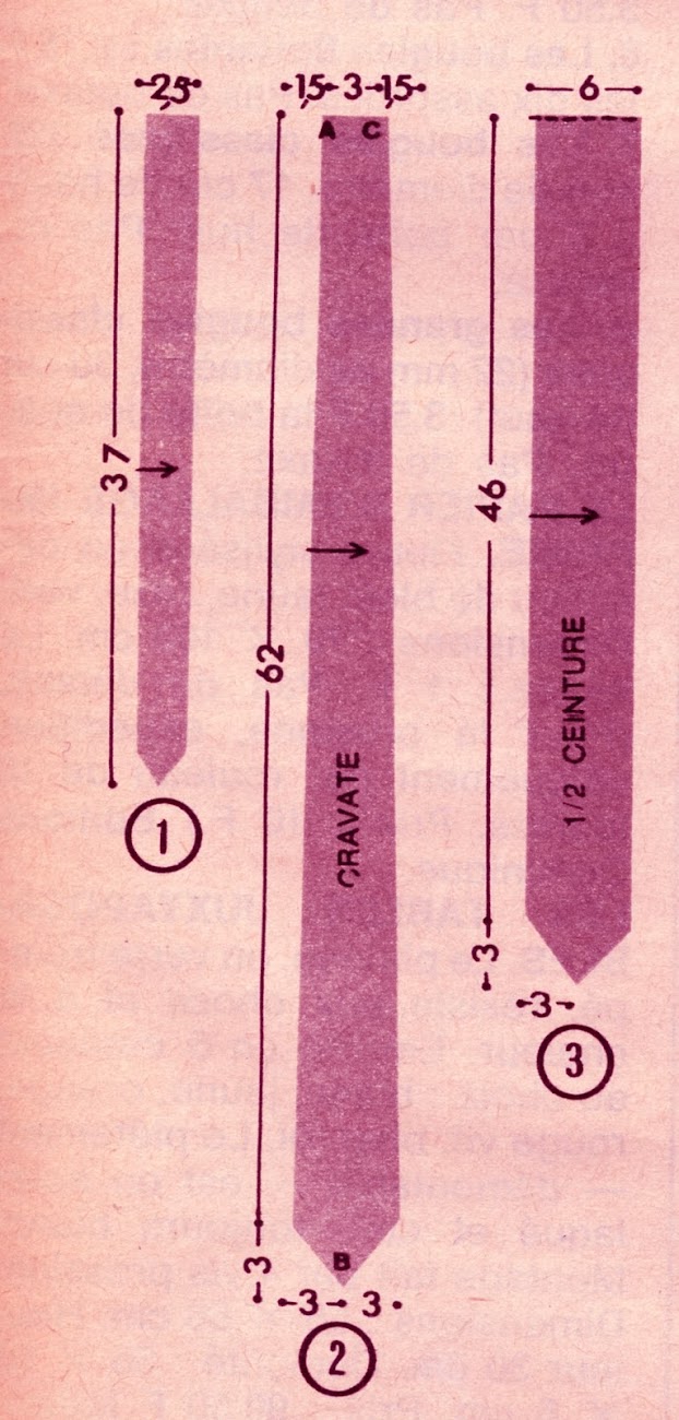 La parure cloutée - 1966  FOURNITURES:   0,35 m de tissu en 90 de largeur.  57 clous de 1 cm de diamètre.  COUPE:  Reproduire sur papier fort chacune des pièces de ce patron selon les mesures indiquées sur le schéma.  Les découper, et les poser sur le tissu qui sera coupé en prévoyant les coutures en plus.  EXECUTION.  1. Collier : couper une fois. Coller sur une épaisseur de peau et faire poser une pression.  2. Régate : couper deux fois. Coller la partie du dessus sur une peau fine. Poser les clous aux endroits indiqués par des croix. Piquer endroit contre endroit par A-B-C.  Retourner.  Fermer à points coulés A-C. Nouer la régate comme une cravate sur le collier.  3. 1/2 ceinture  : couper double en posant le milieu pointillé sur le pli du tissu.  Poser  les  clous  aux endroits  indiqués par des croix. Coller sur une peau .Poser une agrafage à vos mesures. années 60 1960 1960s 1960's 60s 60's sixties mod yéyé paco rabanne silver stud tie belt diy craft scrap sew vintage retro 