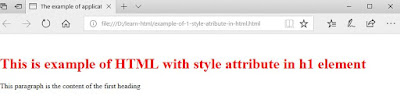 Example of application style attribute in HTML to change the color of  h1 to red