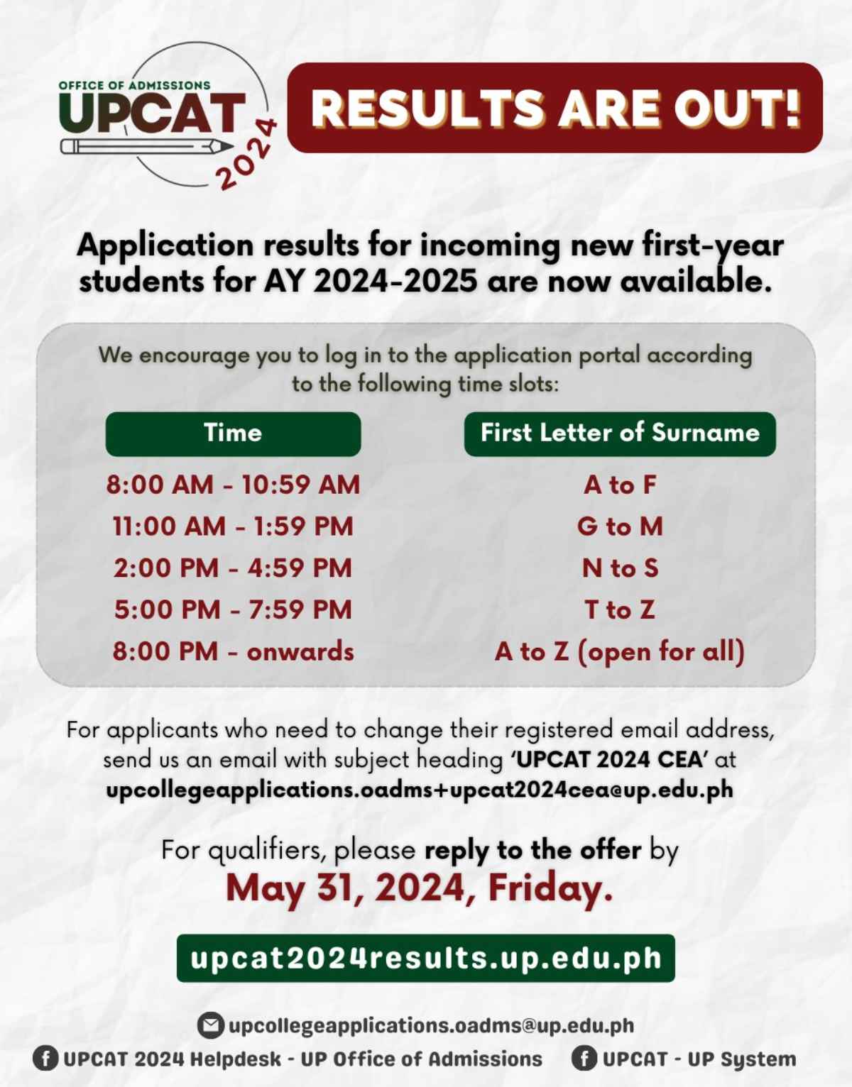 UPCAT Results for AY 2024-2025