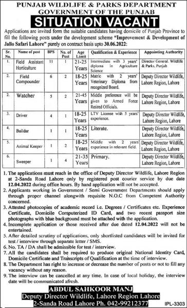 Pakistan Punjab Wildlife and Parks Department Jobs Today