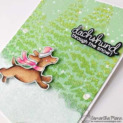 Dachschund Through the Snow Card by Samantha Mann for Newton's Nook Designs, Deck the Halls with Inky Paws, Distress Inks, Cards, Card Making, #newtonsnook #newtonsnookdesigns #distressinks #dachschund #winter #cardmaking #christmascard