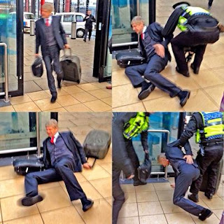image result for Arsene Wenger falls at train station