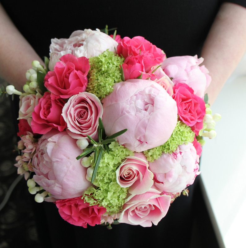 combination of Pink Peonies Sarah Bernhardt Hot Pink Floribunda Roses