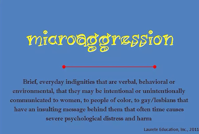 Microaggressions: Brief, everyday indignities that are verbal, behavioral or environmental, that they may not be intentional or unintentionally communicated to women, to people of color, to gay/lesbians that have an insulting message behind them that often time causes severe psychological distress and harm.” – Laurete Education, Inc., 2011