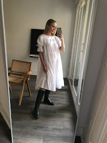 How to Style a Summer Dress for Fall and Winter — Kristen Marie Nichols in a tiered white summer dress and knee-high boots