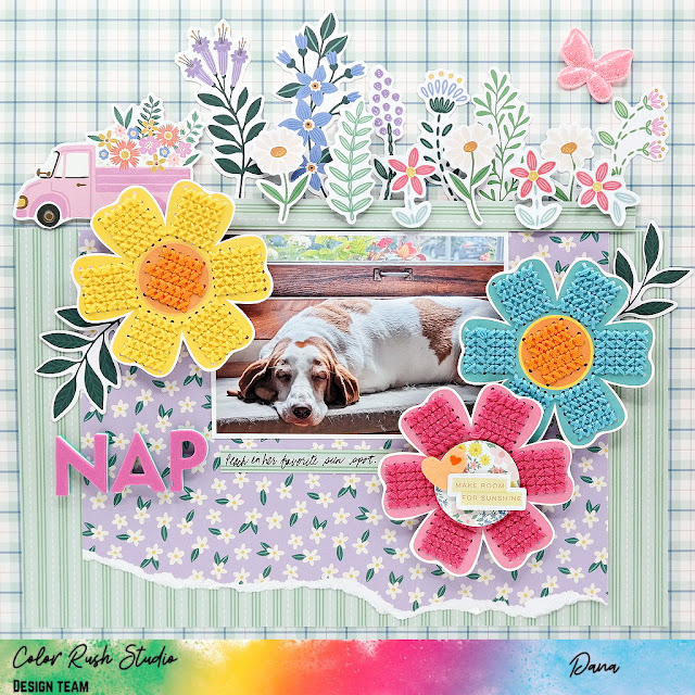 Sweet spring themed basset hound scrapbook page with die-cut and cross-stitched flowers created with the Bea Valint Poppy and Pear collection.