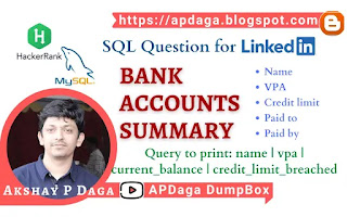 HackerRank: [SQL Question for LinkedIn] BANK ACCOUNTS SUMMARY | MySQL Solution by APDaga Tech