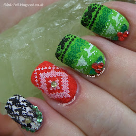 Ugly sweater nail art created with flocking powder, stamping, rhinestones, and glitter.