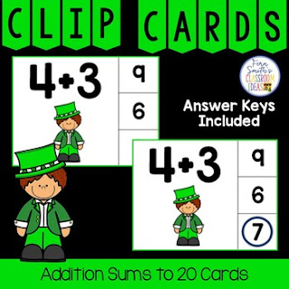 Addition Sums to 20 Clip Cards Leprechaun Themed