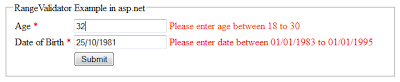 RangeValidator validation control example in asp.net