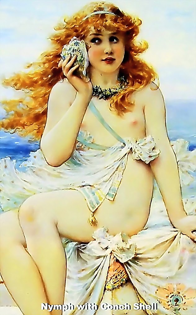 A nude nymph with sexy tits and lovely eyes. Nymphs are sex maniacs!  This naked nymph is sitting on a stone on the edge of a beach and she has lovely breasts.