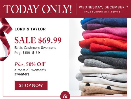 Hudson's Bay Lord & Taylor Cashmere Sweaters $69.99 + 50% Off Women's Sweaters