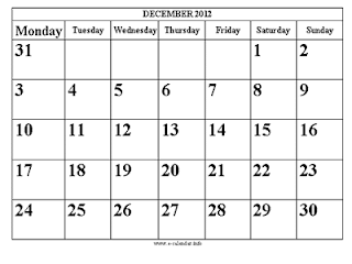 free printable calendar december 2012