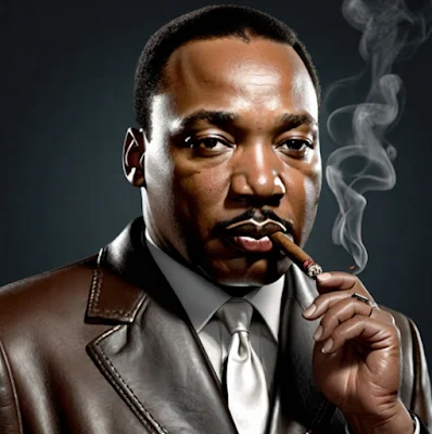 MLk sporting brown leather blazer smoking stogie from shoulders up