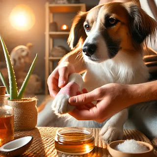 Pet owner gently treating a dog's small wound at home using natural remedies like aloe vera or coconut oil. The dog looks calm and cared for, with a warm and comforting home setting in the background, symbolizing natural healing and responsible pet care