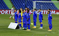 GETAFE C. F. Temporada 2020-21. Arambarri, Cucurella, Damián Suárez, Maksimovic, Djené. Rubén Yáñez, Nyom, Mathías Olivera, Erick Cabaco, Jaime Mata y Ángel. GETAFE C. F 0 REAL VALLADOLID 1. 02/01/2021. Campeonato de Liga de 1ª División, jornada 17. Getafe, Madrid, estadio Coliseum Alfonso Pérez. GOLES: 0-1: 37’, Weissman