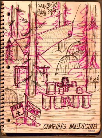 Drawing of the CALM Medic Tent at the Rainbow Gathering California..