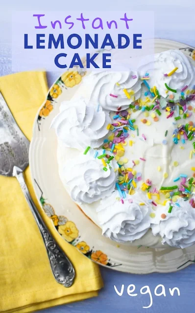 Quick Lemonade Cake. An easy store cupboard, vegan lemon cake you can make in under 30 minutes for last minute guests or a quick treat. #lemonadecake #lemoncake #veganlemoncake #cakemixsodacake #quickvegancake #storecupboardcake #vegancake #easyvegancake #vegancakerecipe