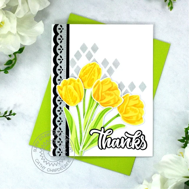 Sunny Studio Stamps: Tranquil Tulips Everyday Card by Cathy Chapdelaine (featuring Ribbon & Lace Border Dies, Big Bold Greetings, Frilly Frame Dies)