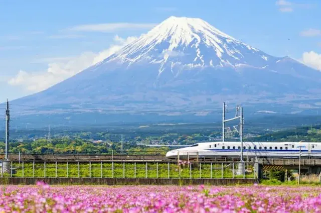 A japanese bullet train with a background of a volcano