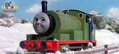 Green train Percy tank engine rushed to fetch bags special letters and colorful wrapped parcel gifts