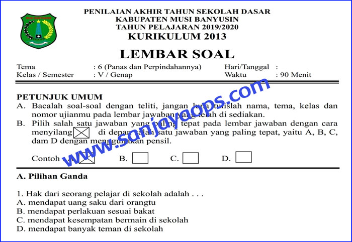 Soal Penilaian Akhir Tahun Pat Pas Kelas 5 Tema 6 Panas Dan