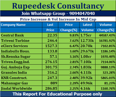 Price Increase & Vol Increase In Mid Cap