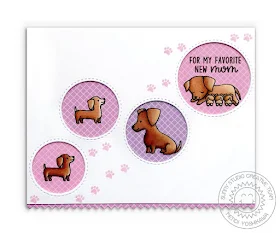 Sunny Studio Stamps: Puppy Parents New Mom Pink, White & Lavender Weiner Dog Card (using Ric Rac Borders & Staggered Circle dies and Gingham Pastel Paper)