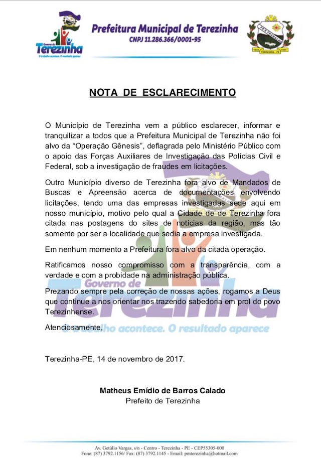 NOTA DE ESCLARECIMENTO DA PREFEITURA DE TEREZINHA/PE