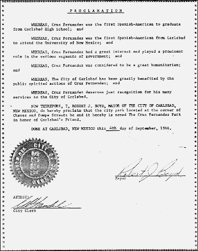 cruz_proclamation for cruz fernandez park_signed by mayor robert boyd_sept 4 1966