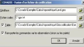 éditeur de GéoBases, menu, Cov. Calculs, barre de menu, Géobase, élémstation, référence, mesure, point, commentaire, code des points, topographiques, calculs topométriques