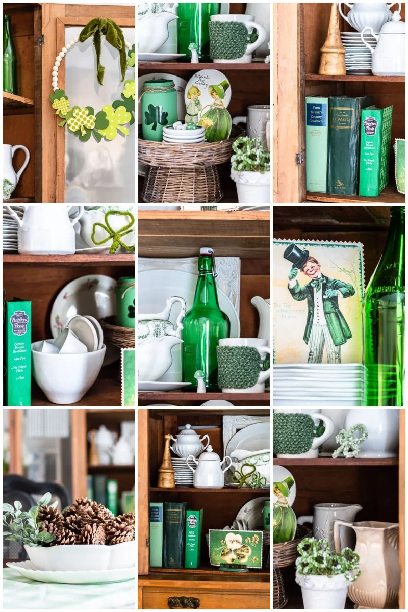 green and white, pine cabinet, shamrocks, St Patrick's Day, vintage