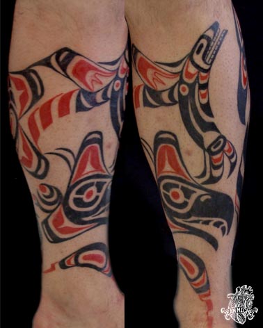 Northwest coast indian tattoo Mollet realise en style Haida comportant 