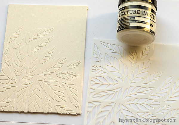 Layers of ink - Tumbling Leaves Canvas Tutorial by Anna-Karin Evaldsson. Apply texture paste through stencil.