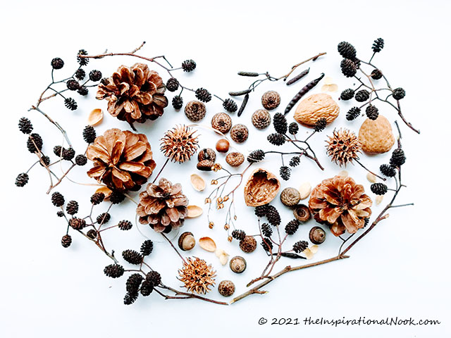 Flat lay photo, nature, Nature art heart arrangement, made with a collection of natural, foraged materials. Unique, masculine card idea. Anniversary or Valentine day card for him.