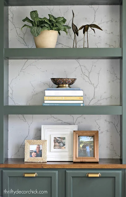 Dark green bookcase with wallpaper back