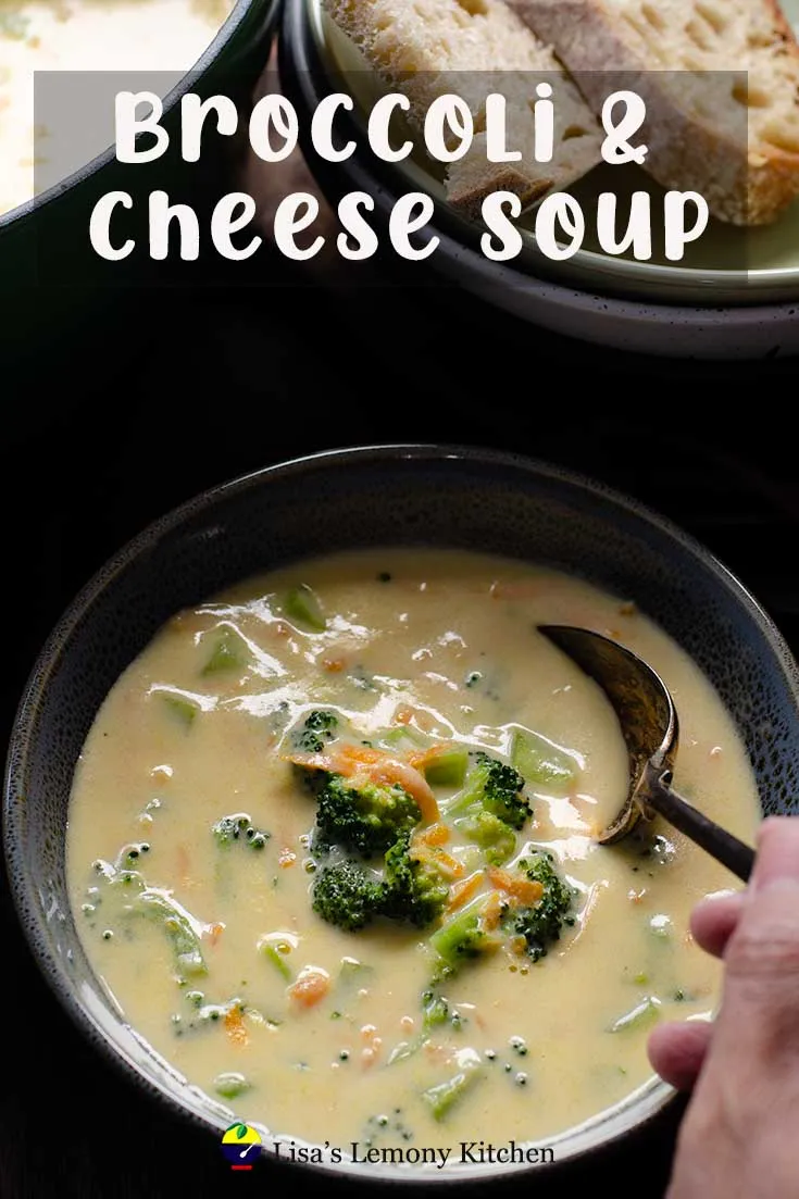 Broccoli and Cheese Soup is a creamy comfort in a bowl with tender broccoli pieces, grated carrots and sharp mature cheeses.